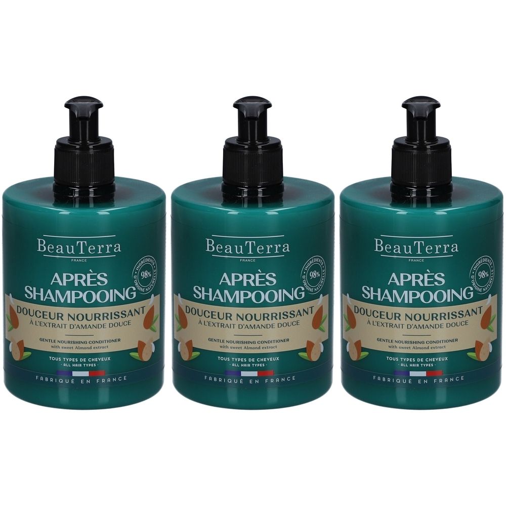 Drei grüne Flaschen mit schwarzem Pumpverschluss. Auf jeder Flasche steht "BeauTerra APRÈS SHAMPOOING DOUCEUR NOURRISSANT".
