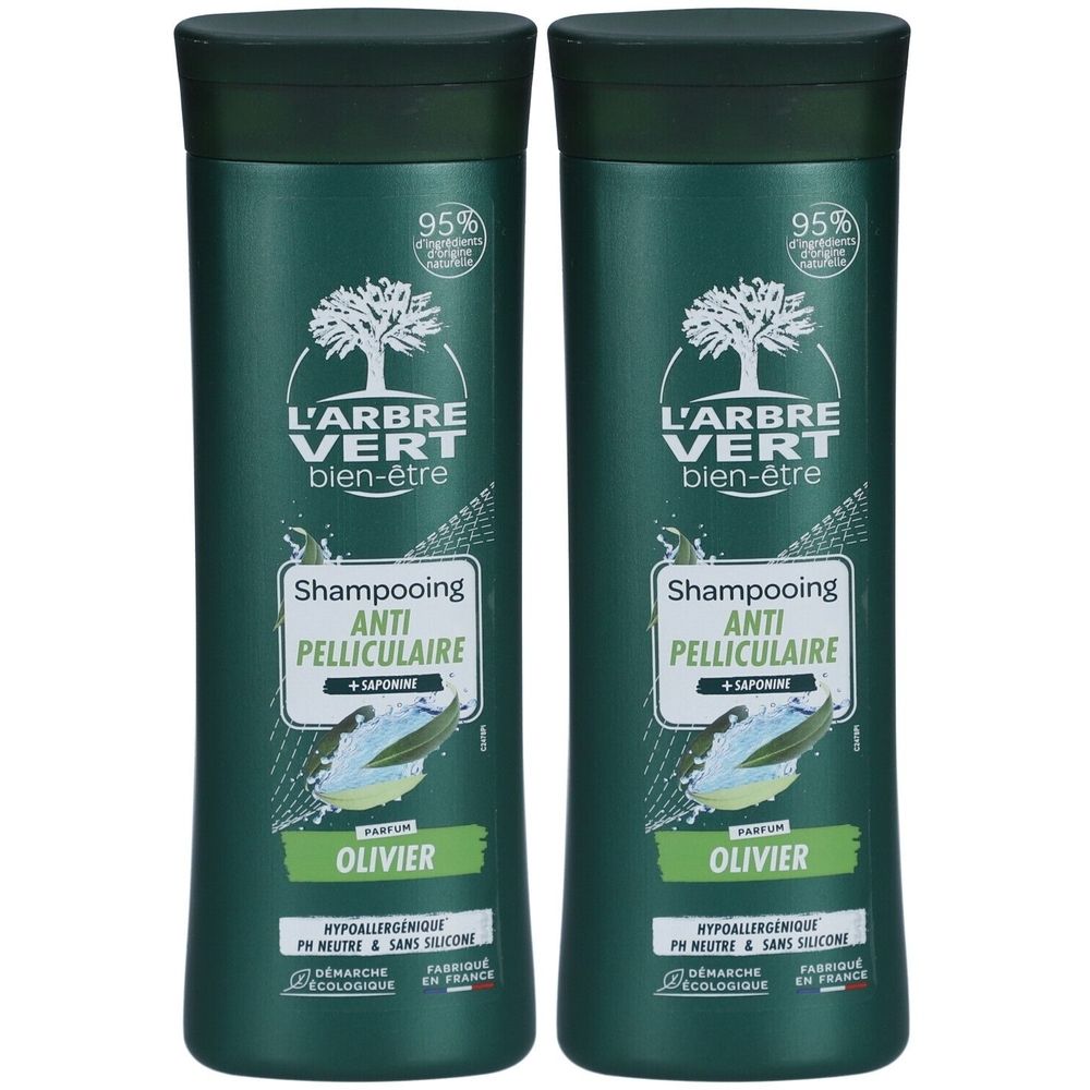 Zwei grüne Shampoo-Flaschen. Aufschrift: L'ARBRE VERT, Anti-Schuppen Shampoo, Olivier. Mit Öko-Zertifizierung und 95% Inhaltsstoffen natürlichen Ursprungs.