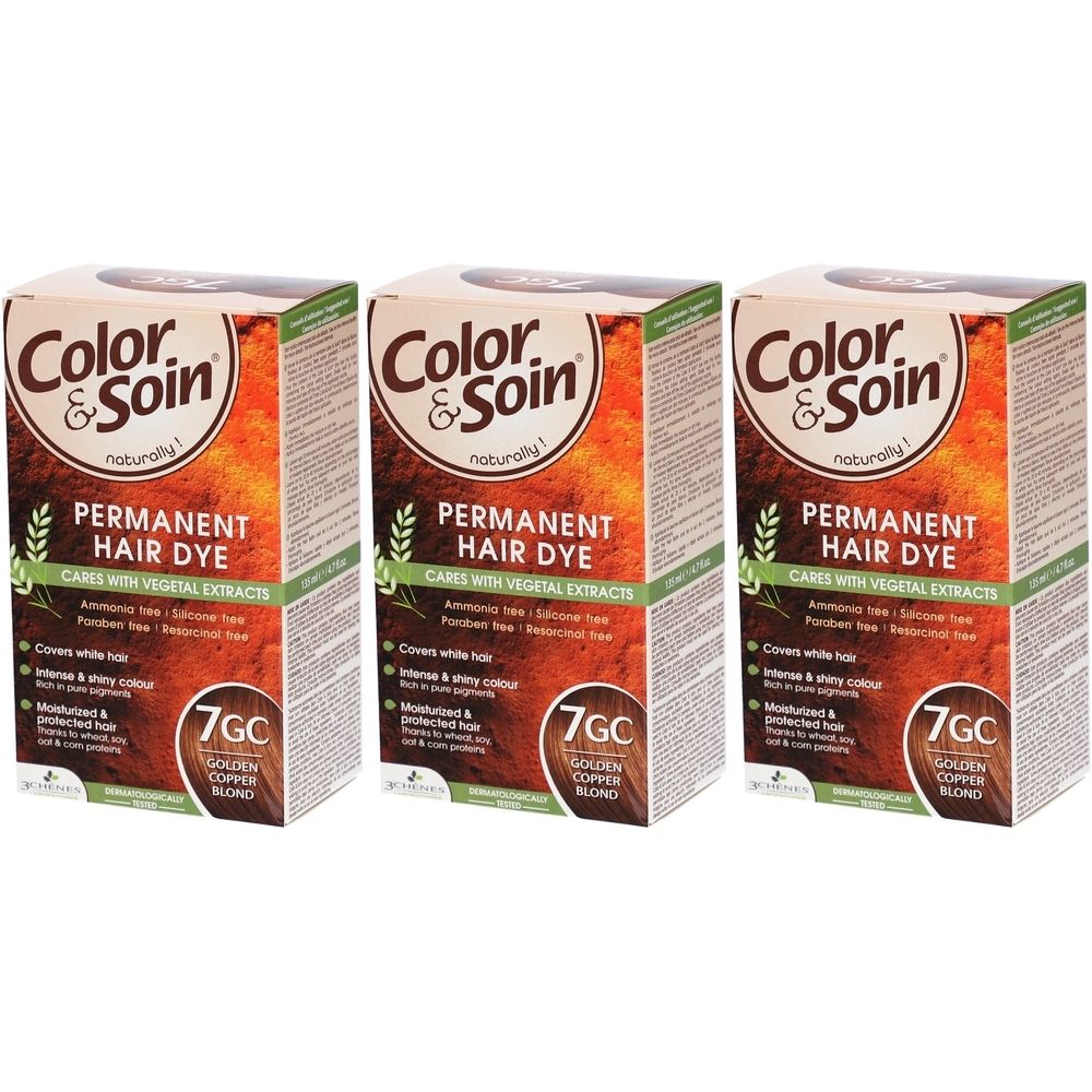 Trois boîtes de Color & Soin Permanent Hair Dye. Inscription: 7GC Golden Copper Blond. Contient des extraits végétaux.
