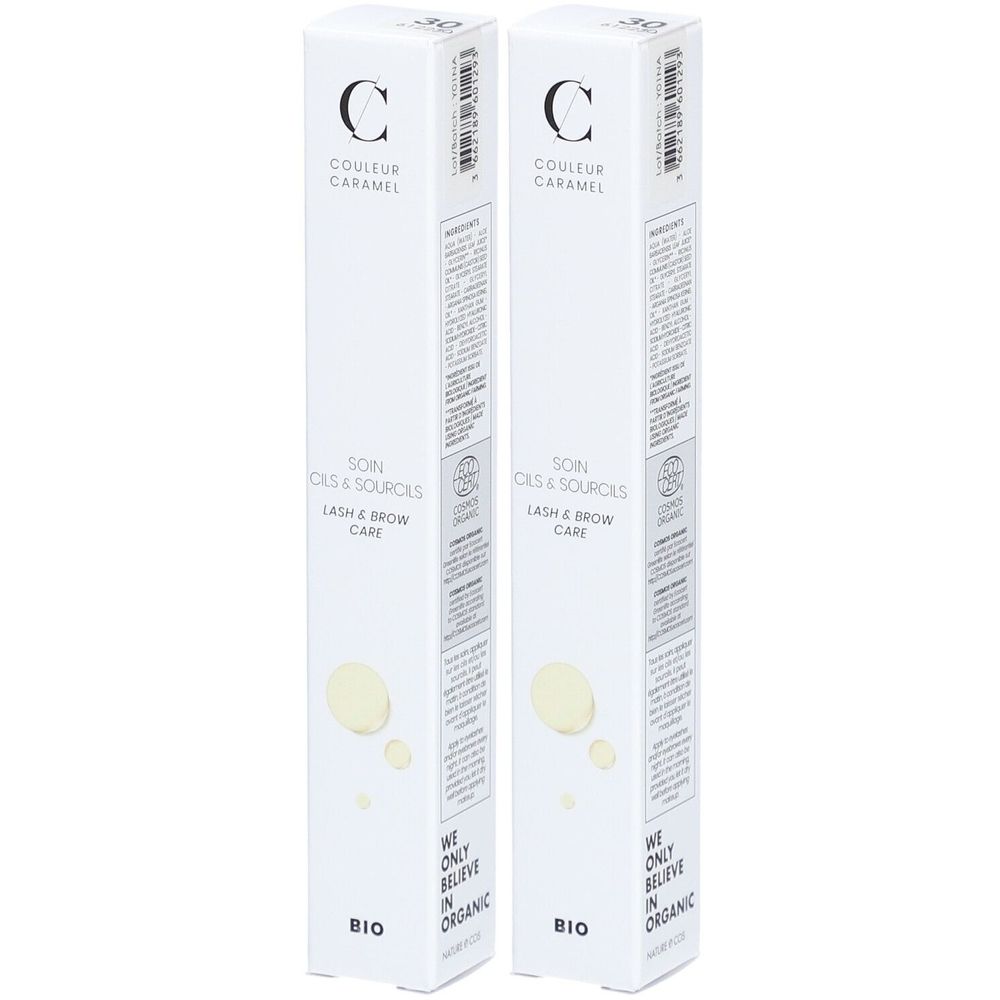 Deux étuis blancs. Inscription COULEUR CARAMEL, Soin Cils & Sourcils, Bio. Logo visible. Contiennent des informations sur le produit.