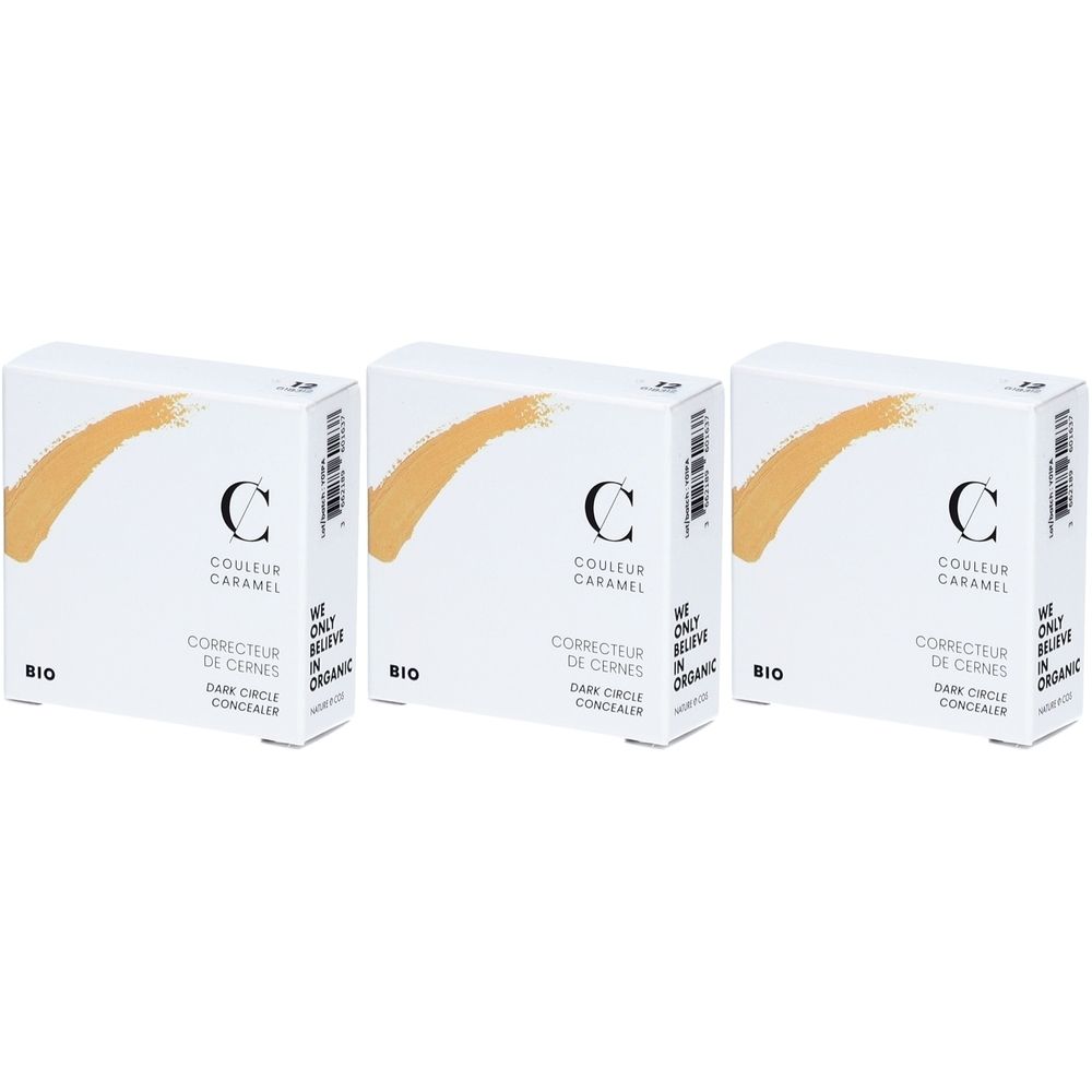 Trois boîtes blanches avec impression. Chaque boîte porte l'inscription "COULEUR CARAMEL", "Correcteur de cernes", "Dark Circle Concealer" et "Bio".