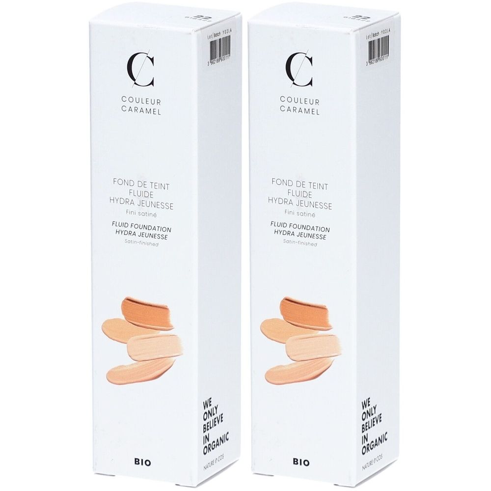 Deux boîtes blanches avec impressions. Inscriptions : marque, nom du produit, échantillons de couleurs, label bio. Texte : "WE ONLY BELIEVE IN ORGANIC".