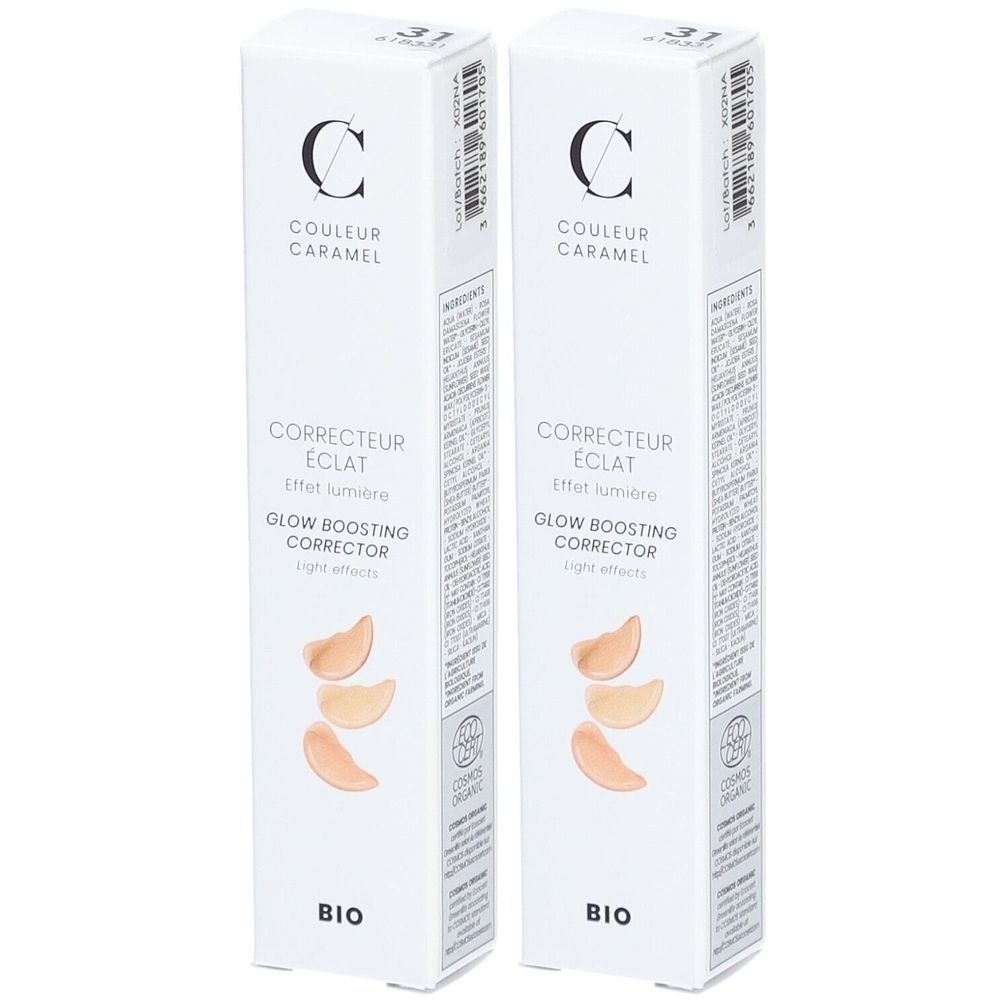 Deux boîtes blanches avec informations produit. Inscription: COULEUR CARAMEL, CORRECTEUR ECLAT, GLOW BOOSTING CORRECTOR. Certification Bio.