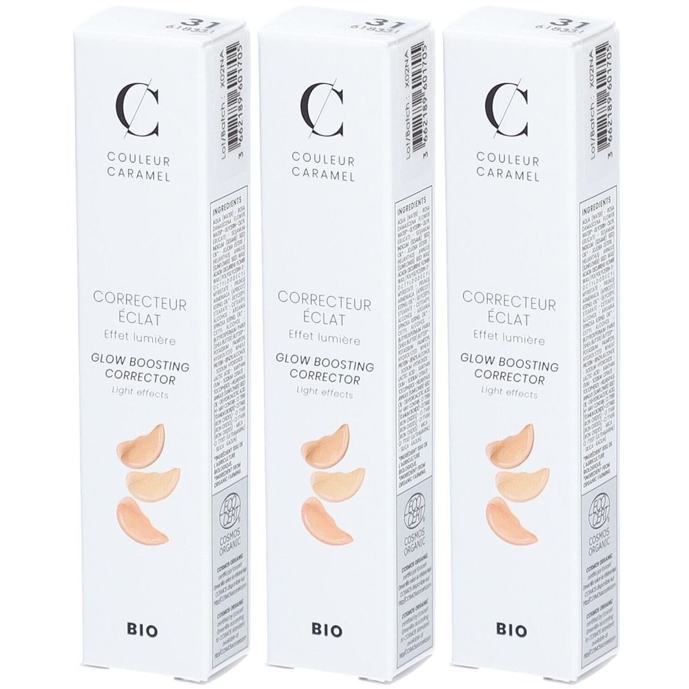 Trois boîtes blanches avec impression du produit. Inscription : COULEUR CARAMEL, CORRECTEUR ÉCLAT, GLOW BOOSTING CORRECTOR. Certification bio.