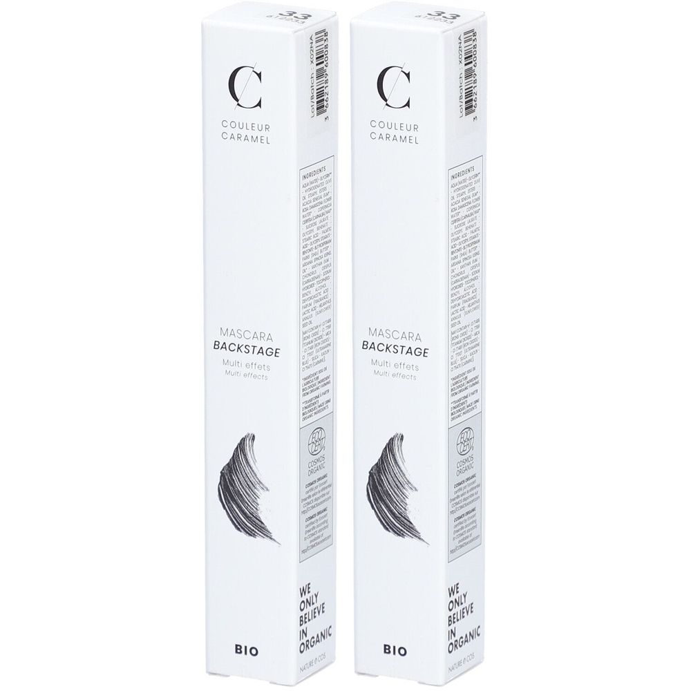 Zwei weiße Verpackungen mit Mascara. Aufschrift: COULEUR CARAMEL, MASCARA BACKSTAGE, BIO. Mit Logo und Text.