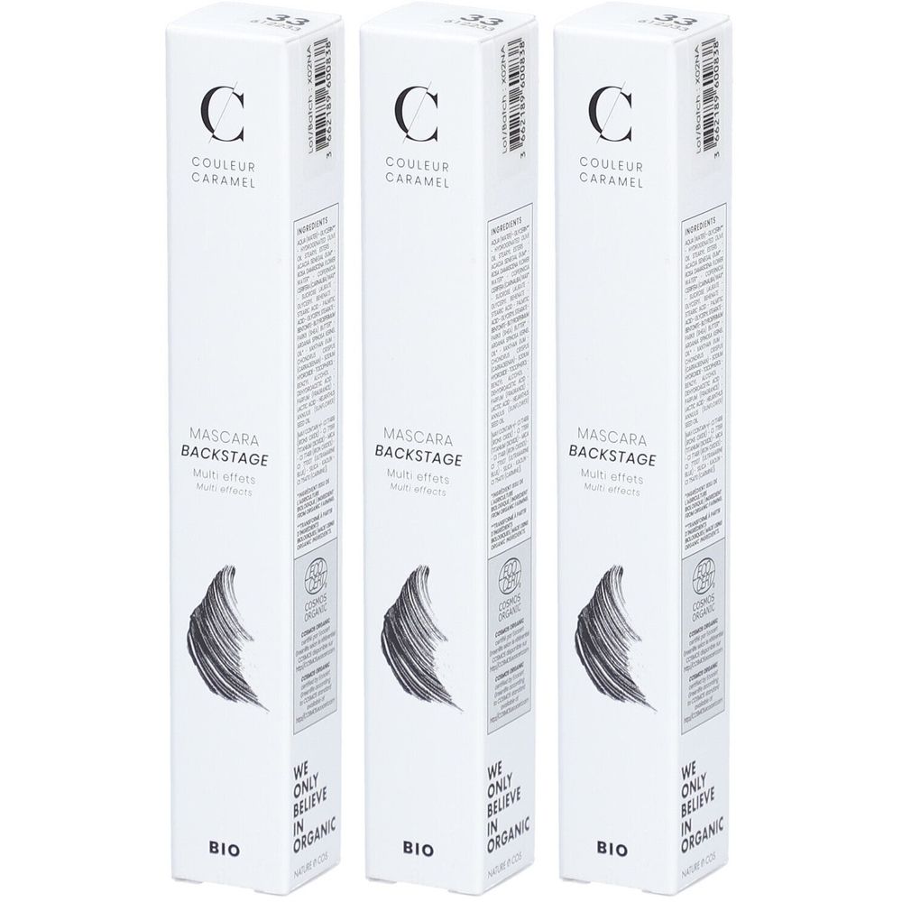 Drei weiße Verpackungen mit Mascara. Aufschrift: COULEUR CARAMEL, MASCARA BACKSTAGE, BIO. Mit Logo und Text: WE ONLY BELIEVE IN ORGANIC.