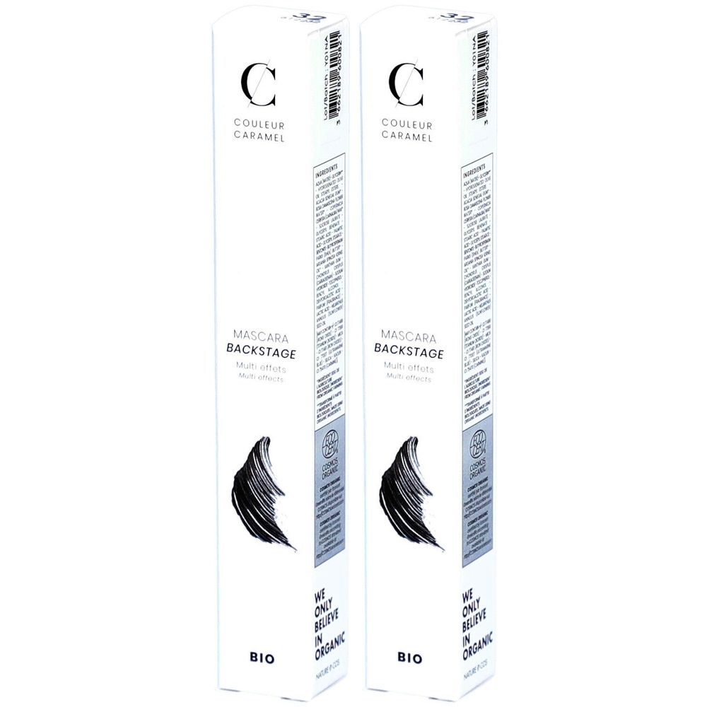 Deux boîtes de mascara. Inscription: COULEUR CARAMEL, MASCARA BACKSTAGE, BIO. Avec logo et texte.