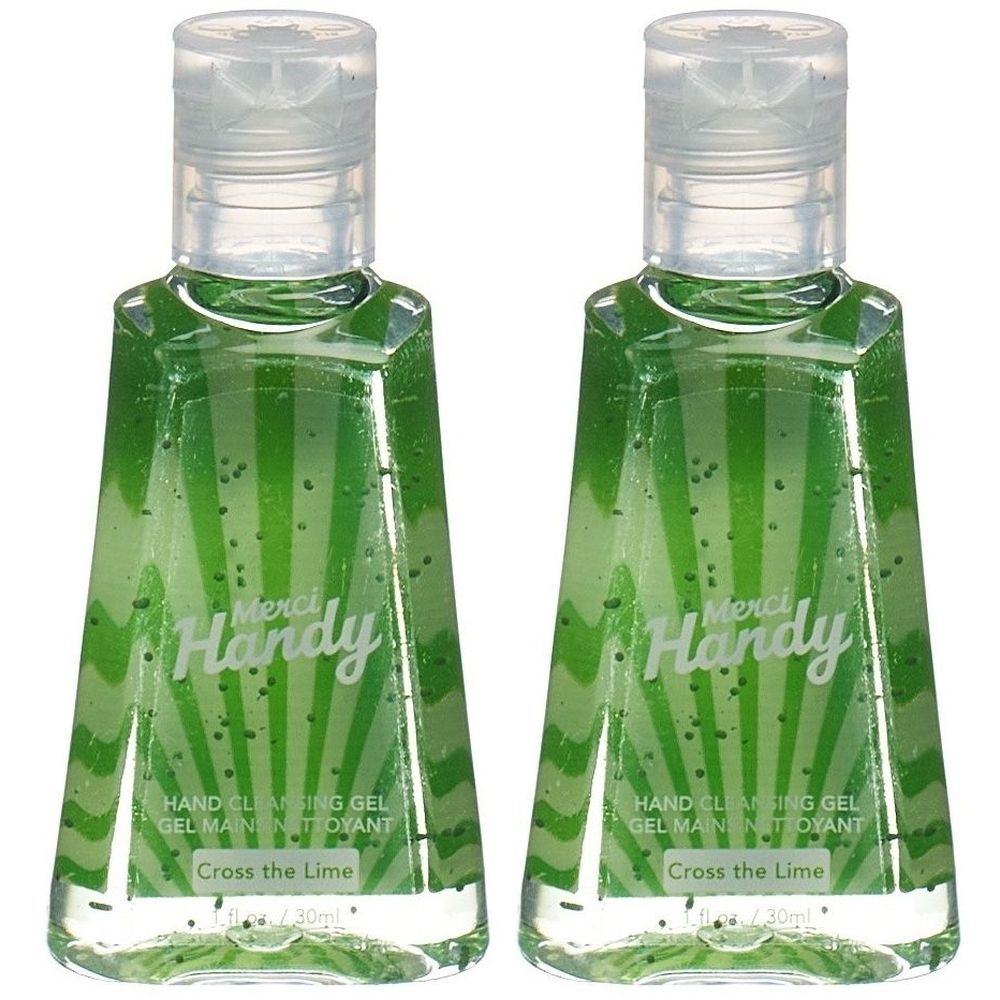 Deux flacons de gel nettoyant pour les mains. Gel transparent avec motif vert. Inscription : Merci Handy, Cross the Lime.