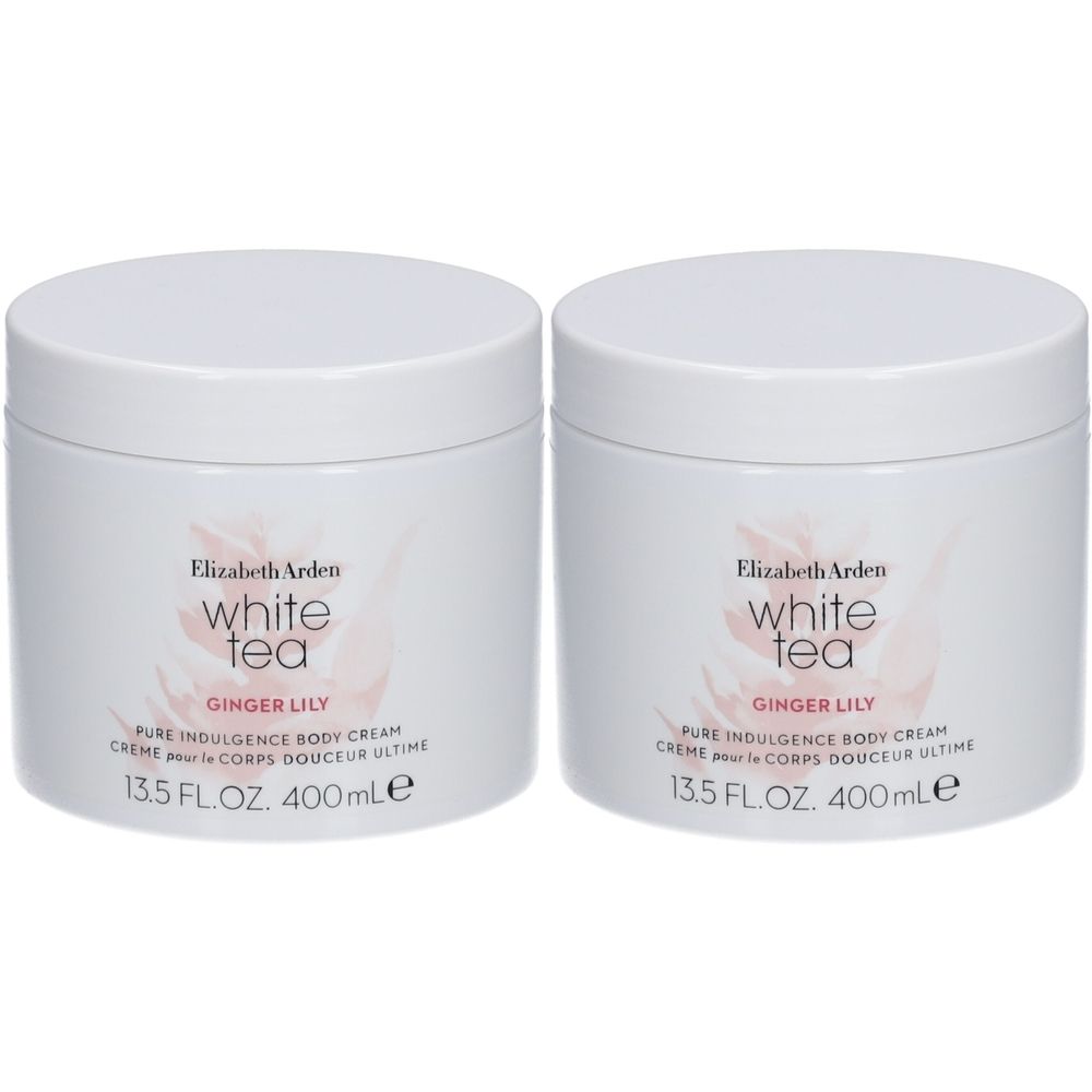 Deux pots blancs de crème pour le corps Elizabeth Arden White Tea Ginger Lily. Inscription : Pure Indulgence Body Cream, 13.5 FL.OZ. 400 ml e.