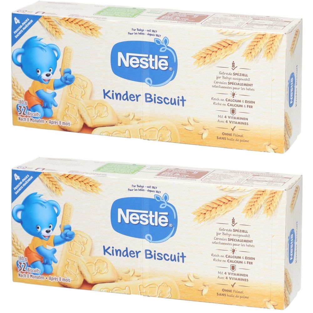 Deux boîtes de Nestlé Kinder Biscuit. Inscription : Nestlé, Kinder Biscuit, illustration d'un ours bleu. Contient calcium, fer, vitamines.