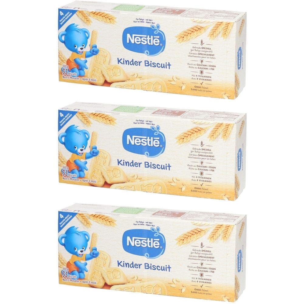 Drei Packungen Nestlé Kinder Biscuit. Weiße Verpackung mit blauem Logo und Bär. Aufschrift: Kinder Biscuit.