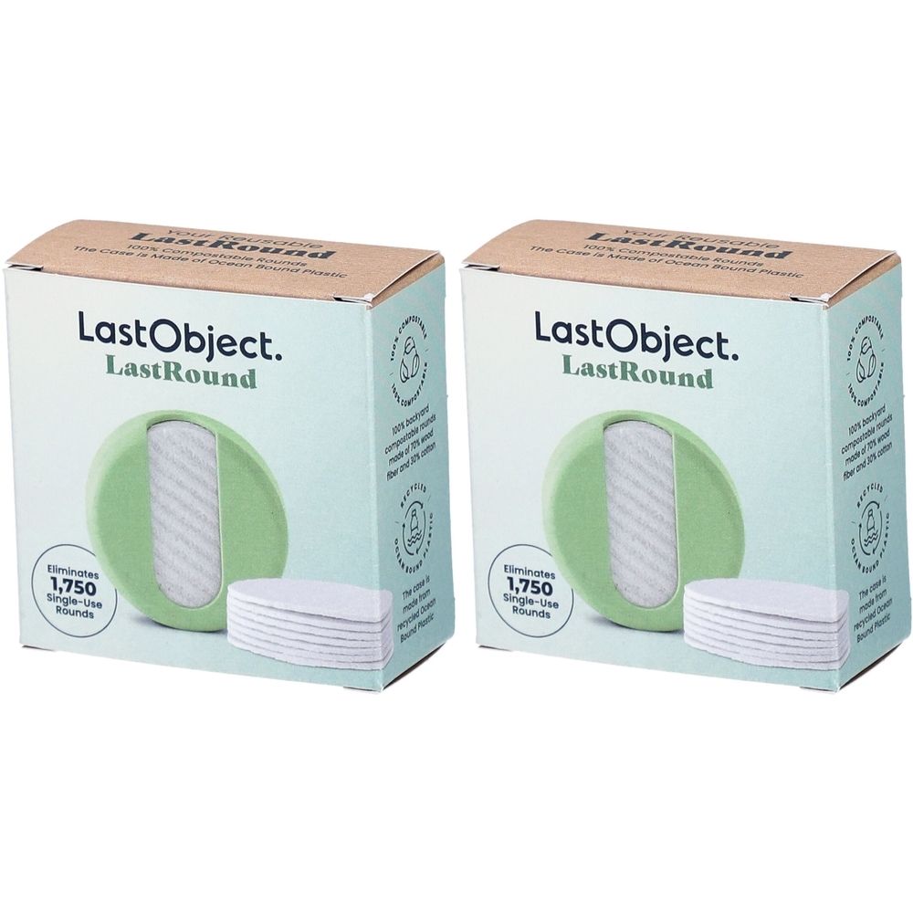 Zwei Kartons mit Abschminkpads. Aufschrift: LastObject. LastRound. Enthält 1.750 Single-Use Rounds. Grüne und weiße Pads.