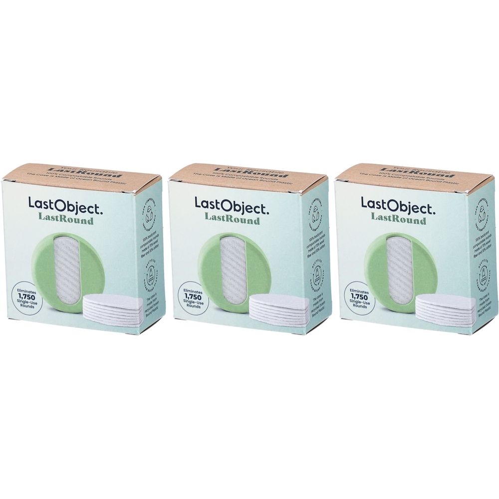 Trois boîtes de produit "LastObject. LastRound". Chaque boîte présente un design de tampon vert et une pile de tampons blancs.