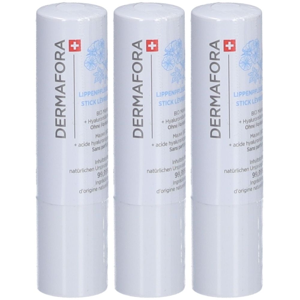 Drei weiße Lippenpflegestifte mit der Aufschrift DERMAFORA, Schweizer Kreuz und Produktinformationen. Zylindrische Form.