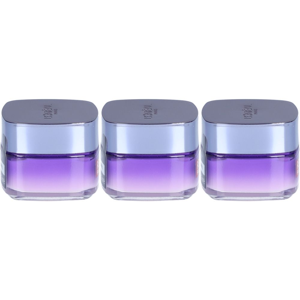 Drei Tiegel mit Deckel. Die Tiegel haben eine violette Farbverlauf und silberne Deckel. Oben steht "L'OREAL".