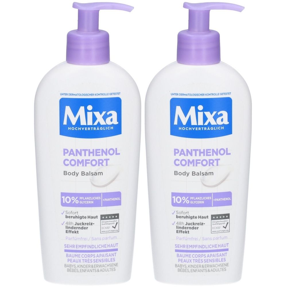 Zwei weiße Flaschen Mixa Panthenol Comfort Body Balsam mit lila Pumpverschluss. Aufschrift: 10% Glycerin, beruhigt Haut, lindert Juckreiz.