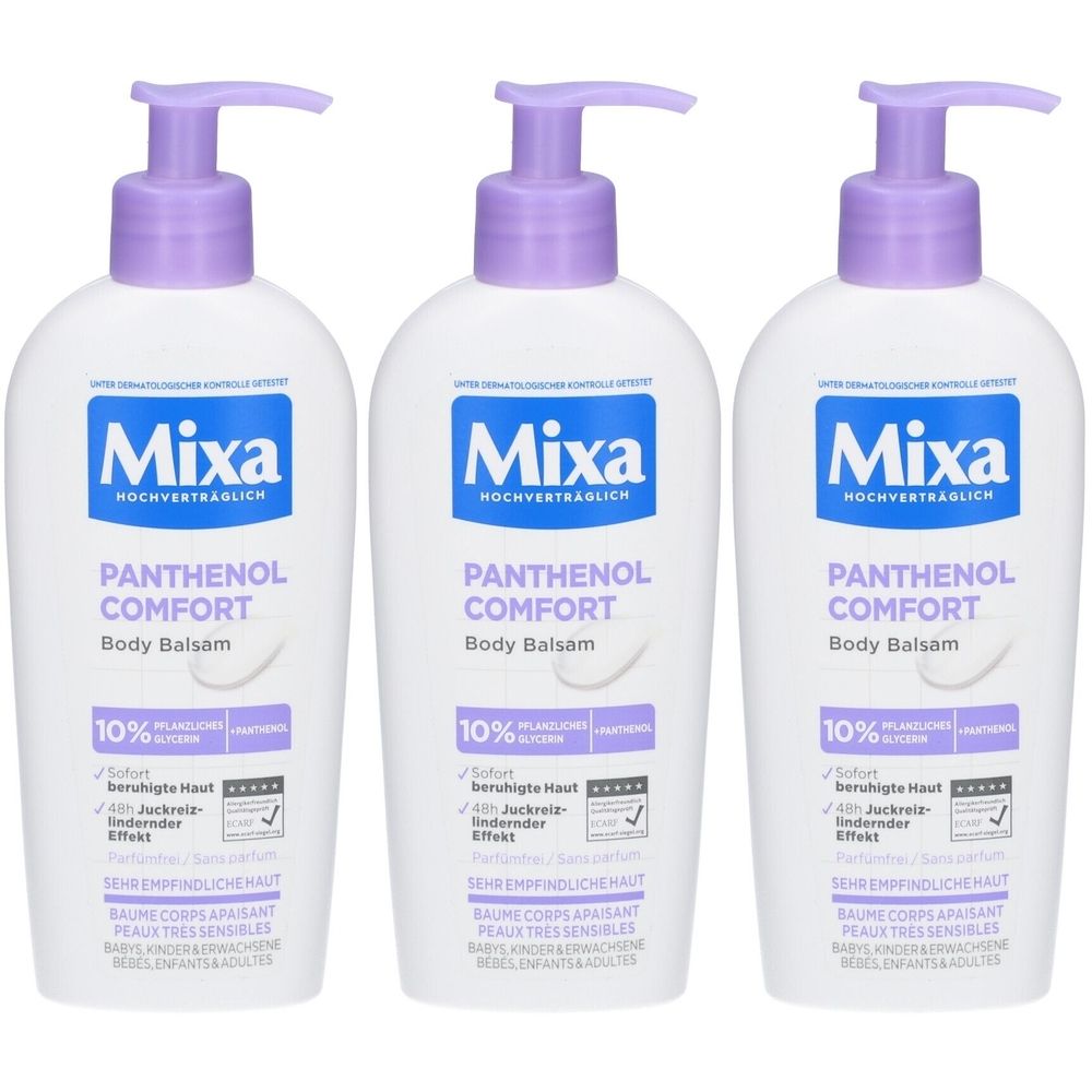 Trois flacons blancs de Mixa Panthenol Comfort Body Balsam avec pompe violette. Texte: apaisant, anti-démangeaisons, pour peaux très sensibles.
