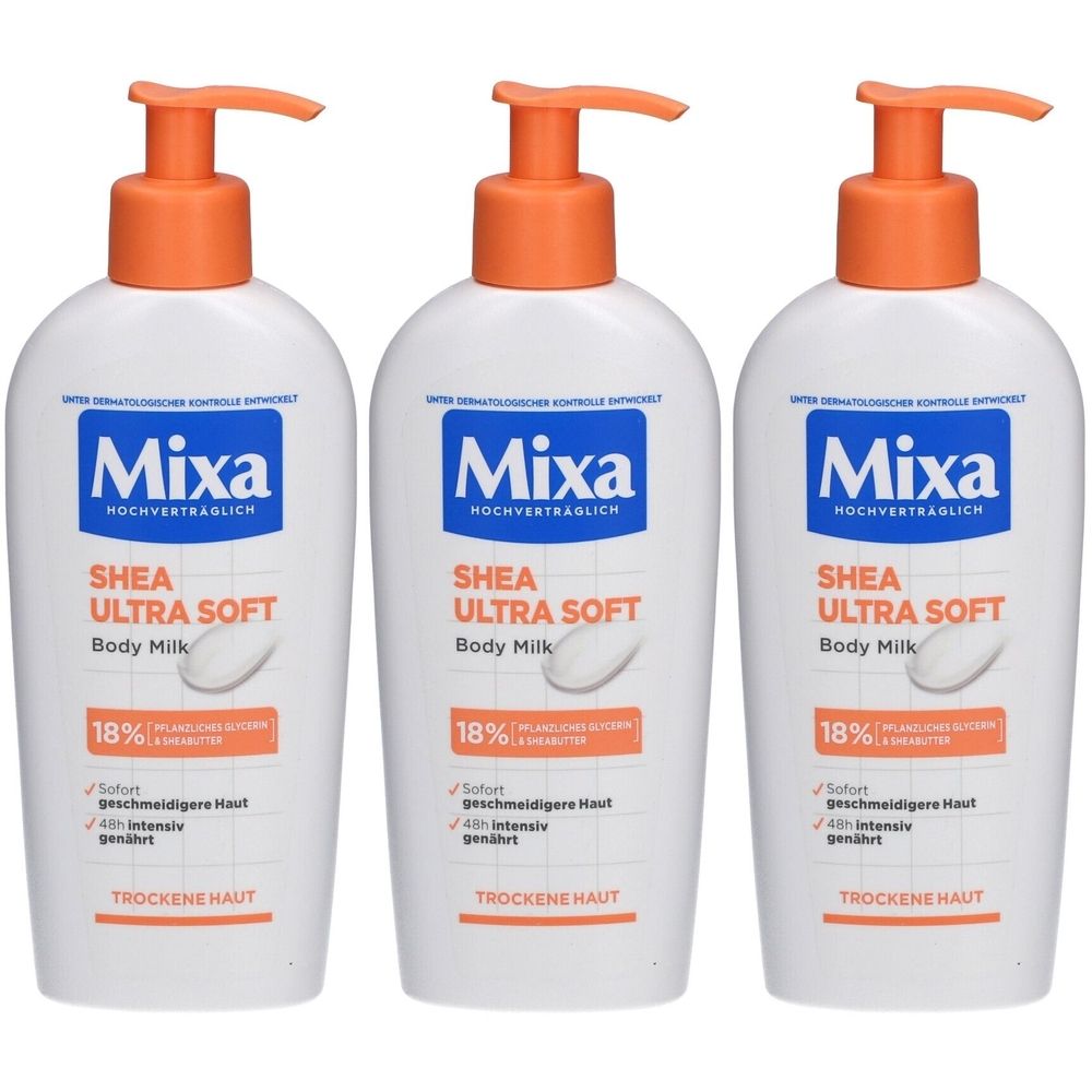 Trois flacons blancs avec pompes oranges. Chaque flacon porte l'inscription "Mixa" et "SHEA ULTRA SOFT Body Milk".