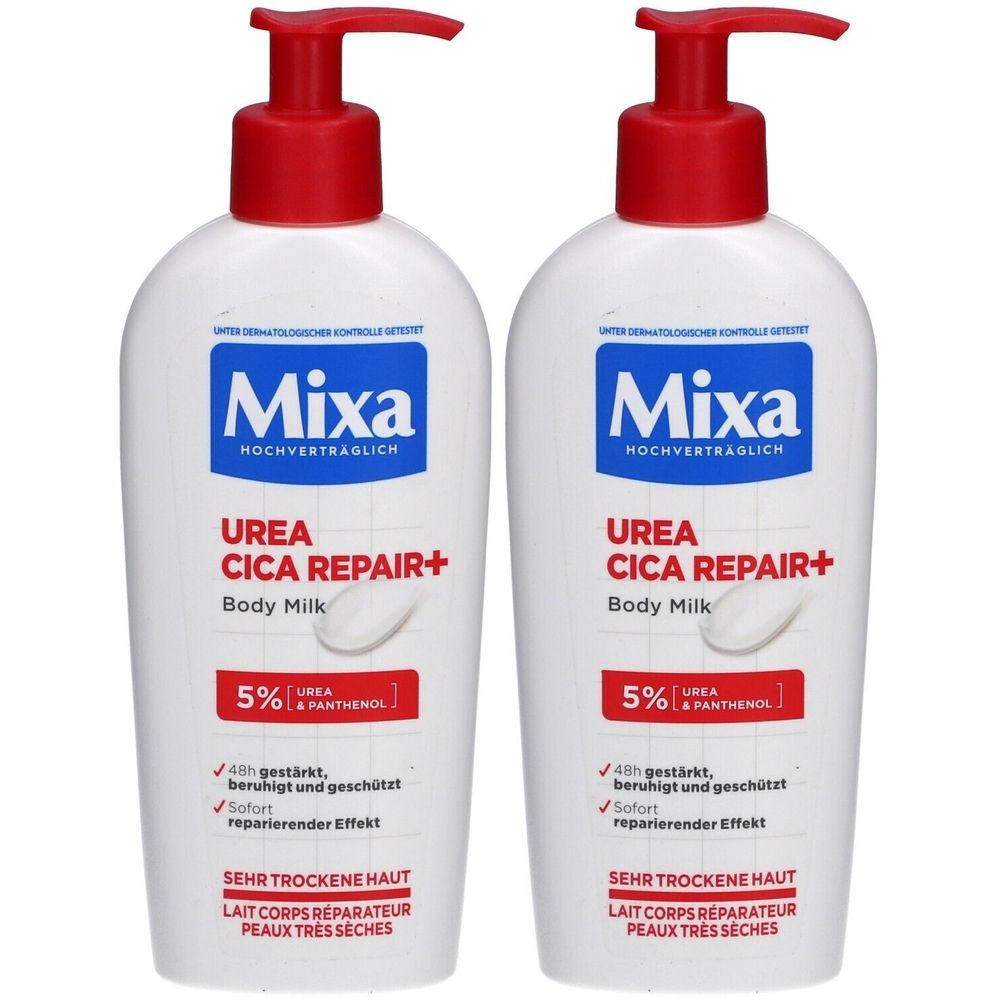 Deux flacons blancs de Mixa Urea Cica Repair+ Body Milk avec bouchon-pompe rouge. Inscription : 5% Urée & Panthénol, pour peaux très sèches.