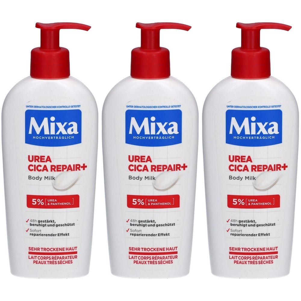 Trois flacons blancs avec pompe rouge.  Chaque flacon porte l'inscription "Mixa Urea Cica Repair+".