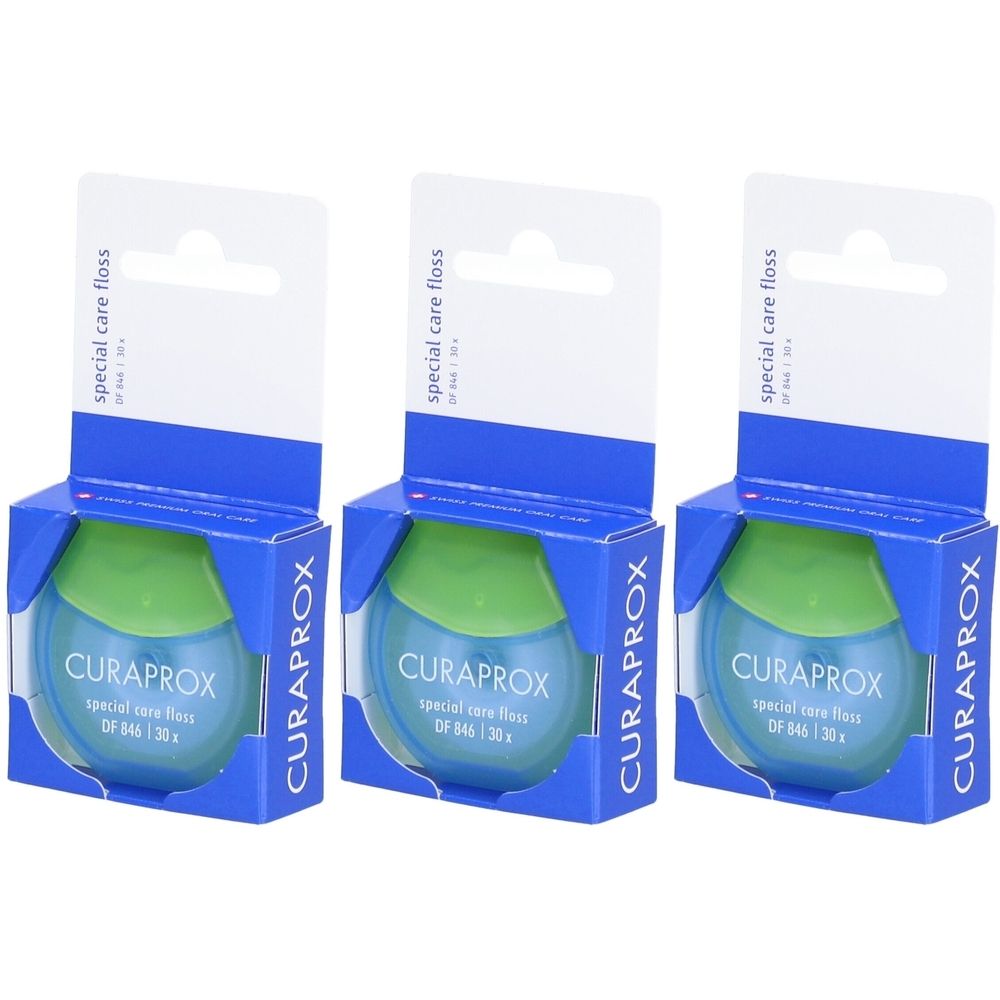 Trois paquets de fil dentaire. Contenants bleus et verts avec suspension blanche. Inscription : CURAPROX, special care floss.