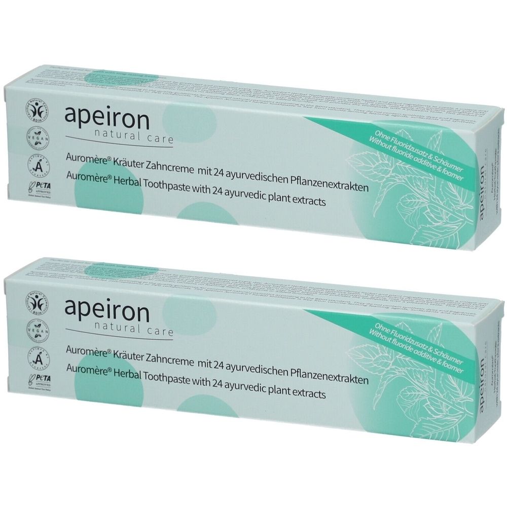 Zwei Packungen Kräuter-Zahncreme. Aufschrift: Apeiron, Auromère Kräuter Zahncreme mit 24 ayurvedischen Pflanzenextrakten. Ohne Fluorid.