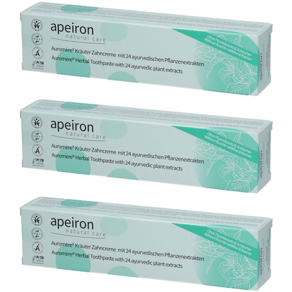 Drei Schachteln Apeiron Auromère Kräuter Zahncreme. Aufschrift: Kräuter Zahncreme mit 24 ayurvedischen Pflanzenextrakten.