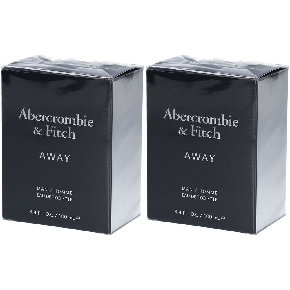 Zwei schwarze rechteckige Schachteln. Auf der Vorderseite steht in Weiß "Abercrombie & Fitch AWAY". Darunter steht "MAN / HOMME EAU DE TOILETTE".