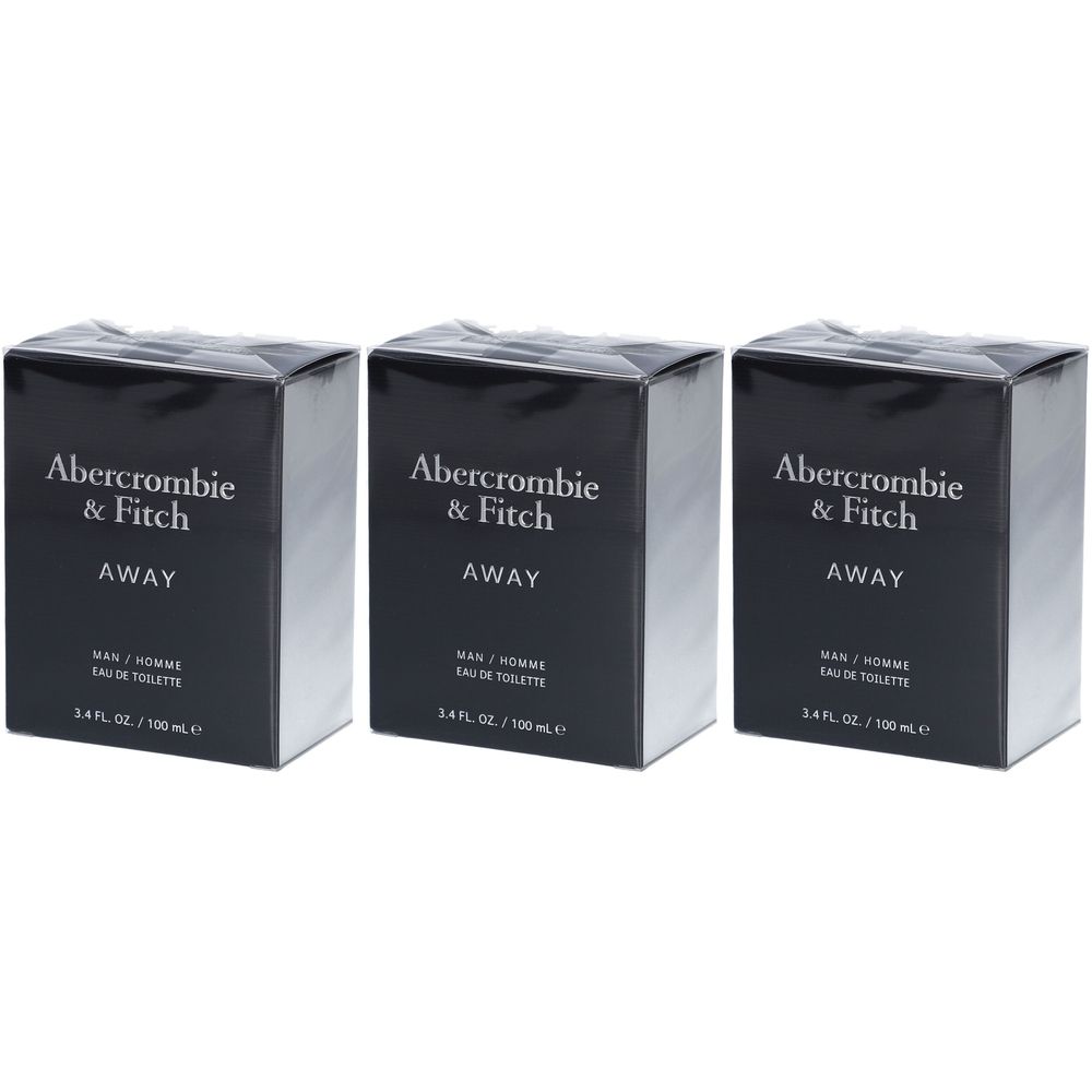 Drei Schachteln Abercrombie & Fitch Away Eau de Toilette für Herren. Schwarze Verpackung mit weißem Schriftzug. Aufschrift: MAN / HOMME.