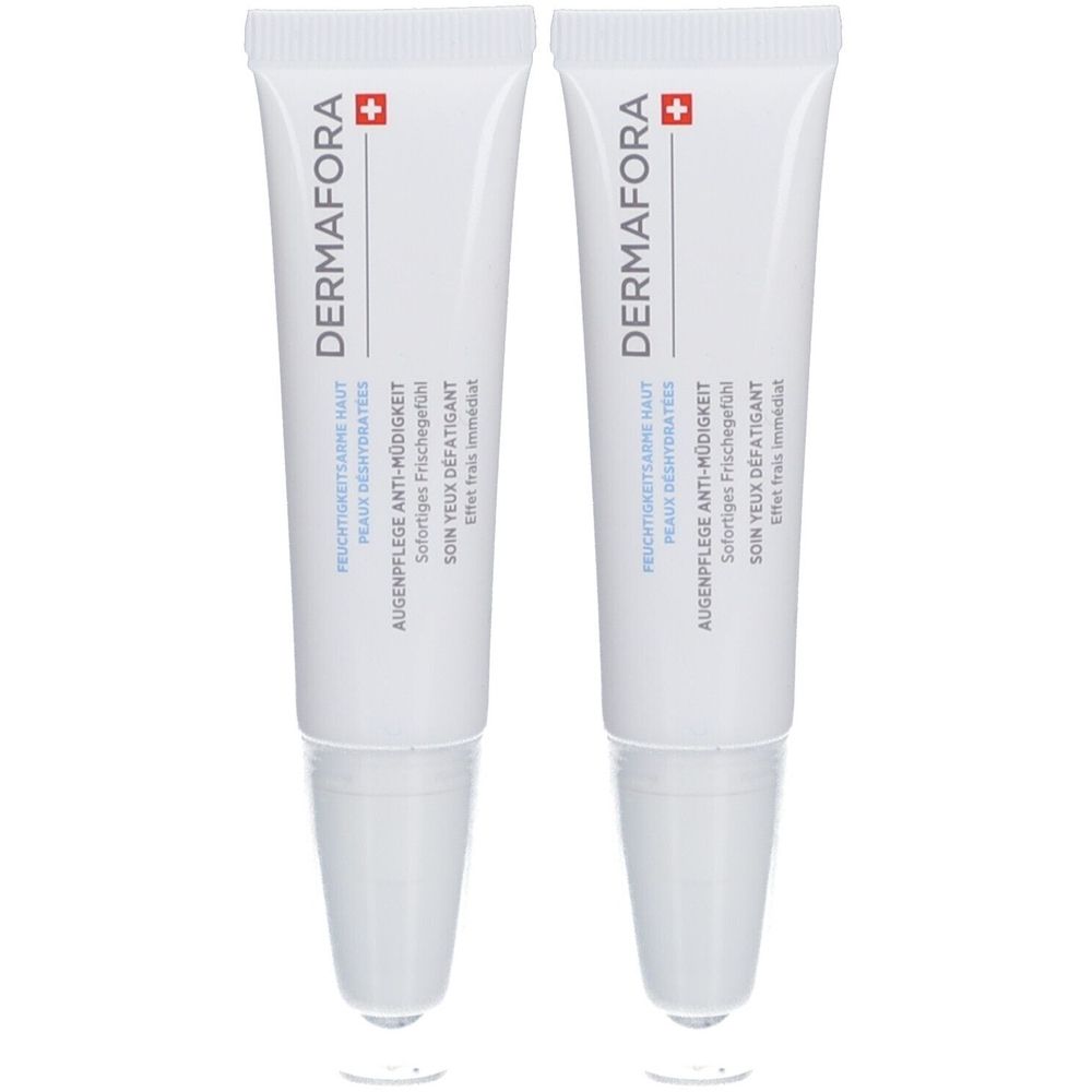 Deux tubes de gel contour des yeux. Tubes blancs avec texte bleu et logo Dermafora. Croix suisse.