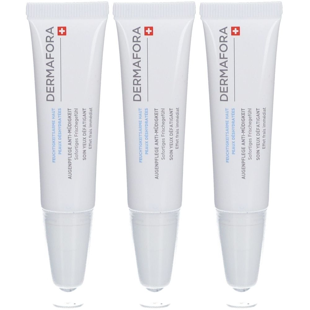 Trois tubes de gel contour des yeux. Blanc, texte bleu, croix rouge. Nom du produit: Dermafora.