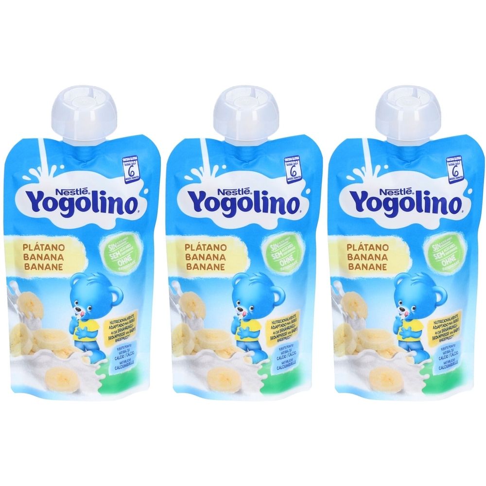 Drei Quetschbeutel mit blauem Hintergrund. Aufschrift: Yogolino, Plátano Banana Banane. Abbildung eines blauen Bären und Bananen.
