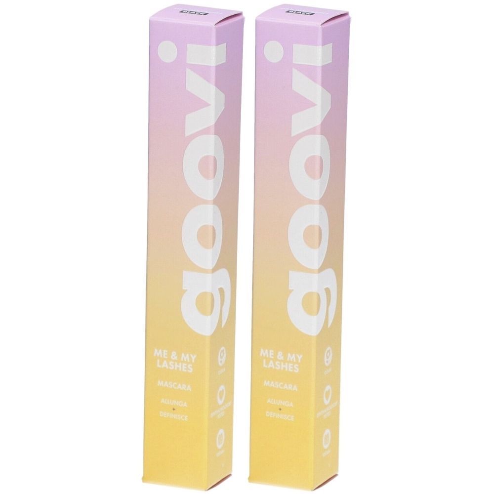 Zwei längliche, rechteckige Verpackungen. Aufdruck: Goovi, Me & My Lashes Mascara. Farbverlauf von Gelb nach Rosa.