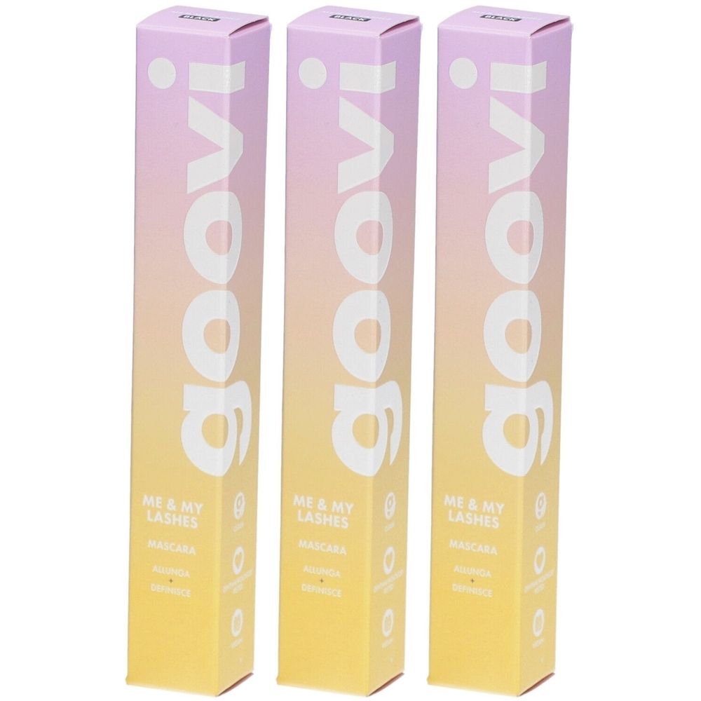 Drei längliche, rechteckige Kartons. Aufdruck: goovi, Me & My Lashes, Mascara. Farbverlauf von Gelb nach Rosa.