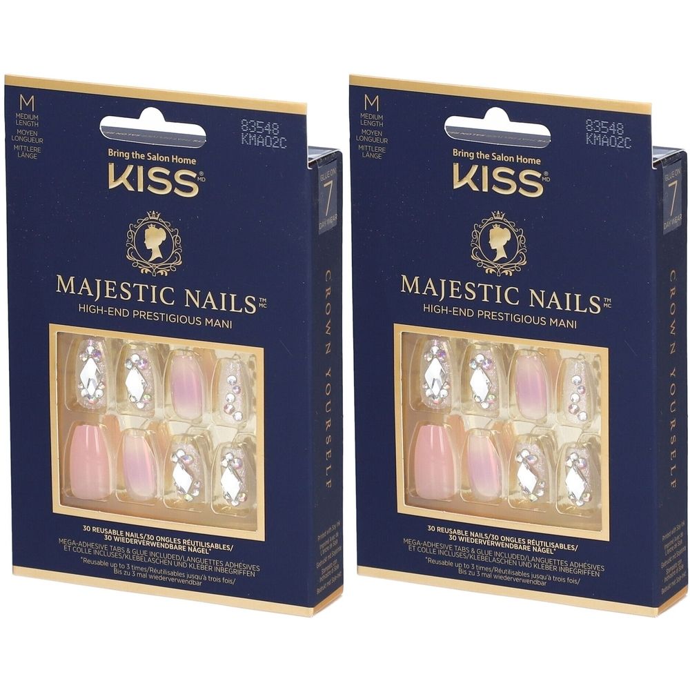 Zwei Packungen mit Kunstnägeln. Aufschrift: KISS Majestic Nails. Blaue Verpackung mit Nägeln in Rosa und mit Strasssteinen.