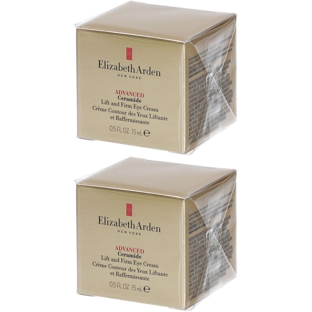 Deux boîtes carrées avec informations produit. Inscription: Elizabeth Arden Advanced Ceramide Lift and Firm Eye Cream.