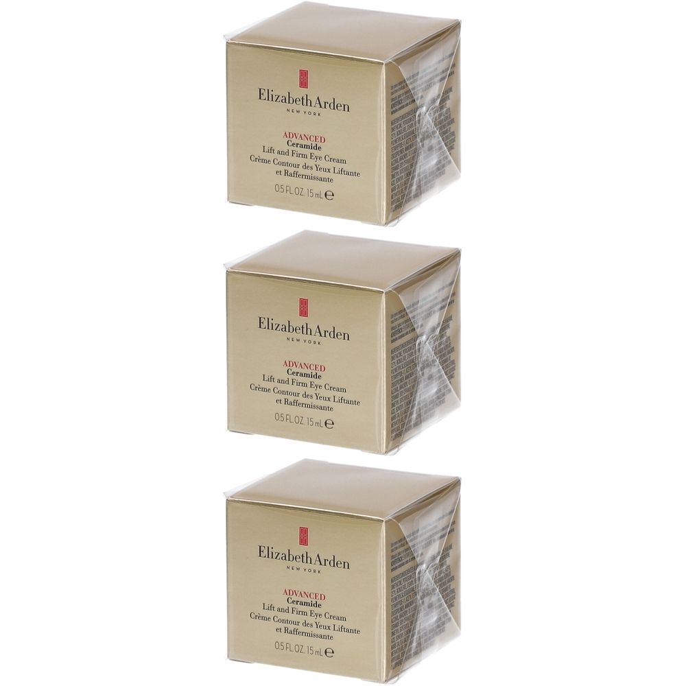 Trois boîtes carrées avec informations produit. Inscription: Elizabeth Arden, Advanced Ceramide Lift and Firm Eye Cream.