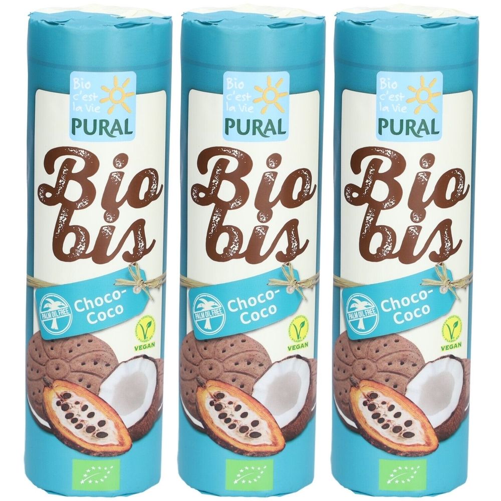 Drei zylindrische Verpackungen mit "Bio bis Choco-Coco"-Aufdruck. Logo: PURAL, Bio-Siegel, Vegan-Zeichen. Abbildung von Keksen, Kokosnuss und Kakaobohne.