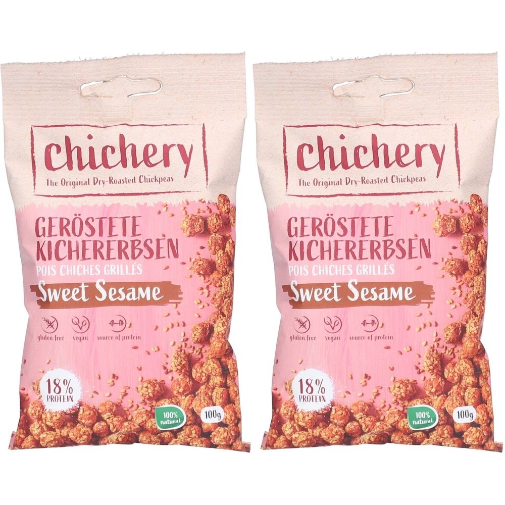 Zwei Beutel "Chichery" mit gerösteten Kichererbsen, Sorte Sweet Sesame. Rosa Verpackung mit Produktnamen und Logos.