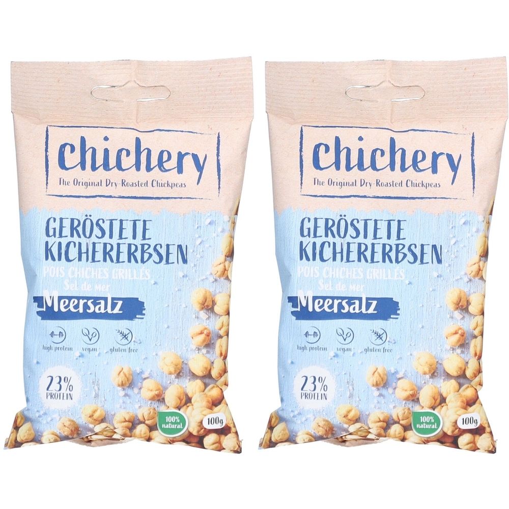 Deux paquets de pois chiches grillés "chichery" au sel de mer. Inscription : 23% de protéines, végétalien, sans gluten, 100% naturel.