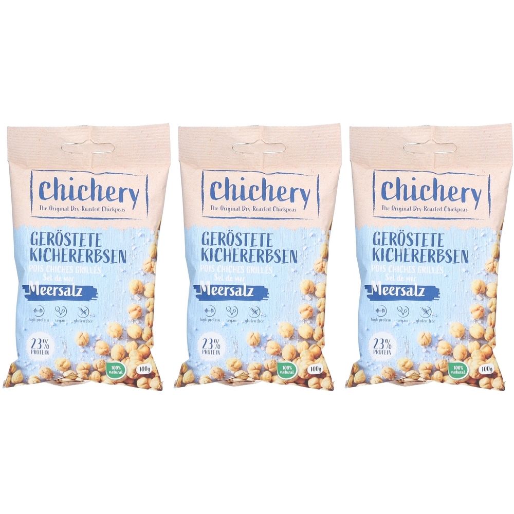 Trois paquets de pois chiches grillés "Chichery" au sel marin. Inscription : 23% de protéines, végétalien. Pois chiches bruns clairs.