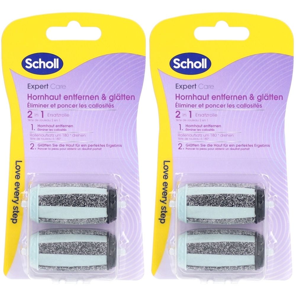 Zwei Scholl Expert Care Ersatzrollen in Verpackung. Text: Hornhaut entfernen & glätten. 2 in 1. Marke Scholl. Gelb-lila Verpackung.