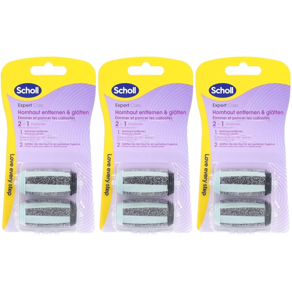 Drei Packungen Scholl Expert Care Ersatzrollen. Jede Packung enthält zwei Rollen. Gelbe und lila Verpackung mit Produktinformationen.