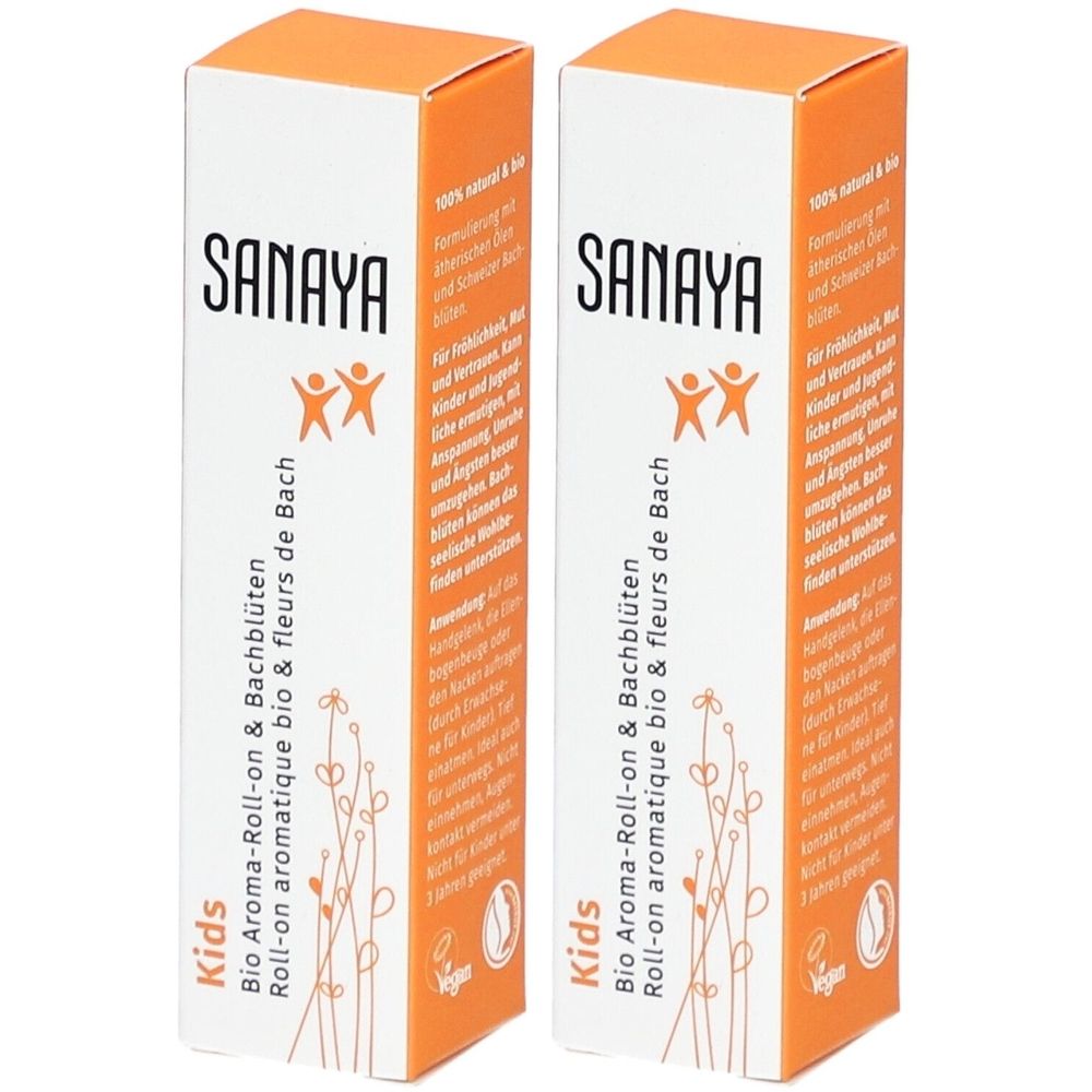 Zwei rechteckige Kartons. Aufschrift SANAYA, Kids, Bio Aroma-Roll-on & Bachblüten. Orange-weiße Verpackung.