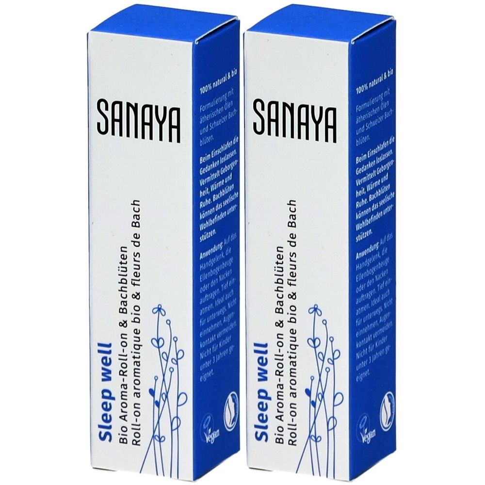 Zwei blaue Schachteln mit weißer Schrift. Aufschrift: SANAYA, Sleep well, Bio Aroma-Roll-on & Bachblüten. Vegan-Siegel.