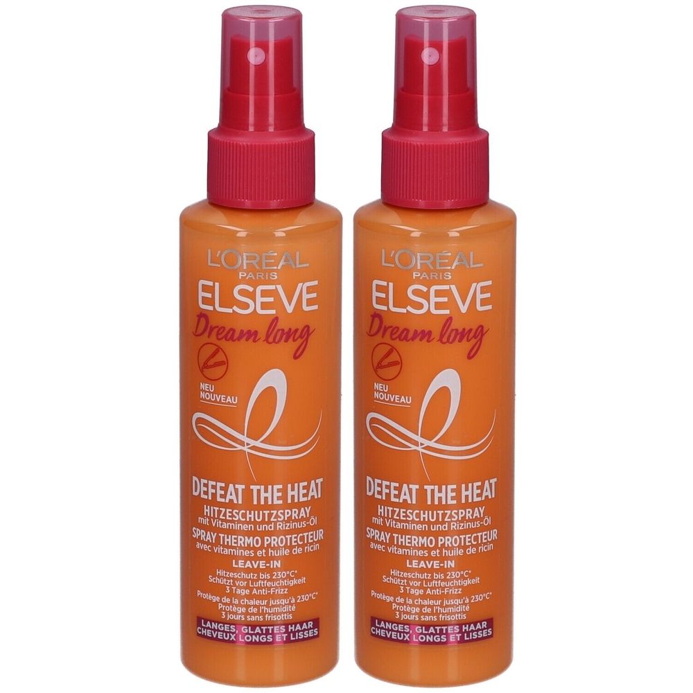 Zwei orangefarbene Sprühflaschen mit rotem Sprühkopf. Aufschrift: L'Oréal Paris Elseve Dream long, Defeat the Heat.