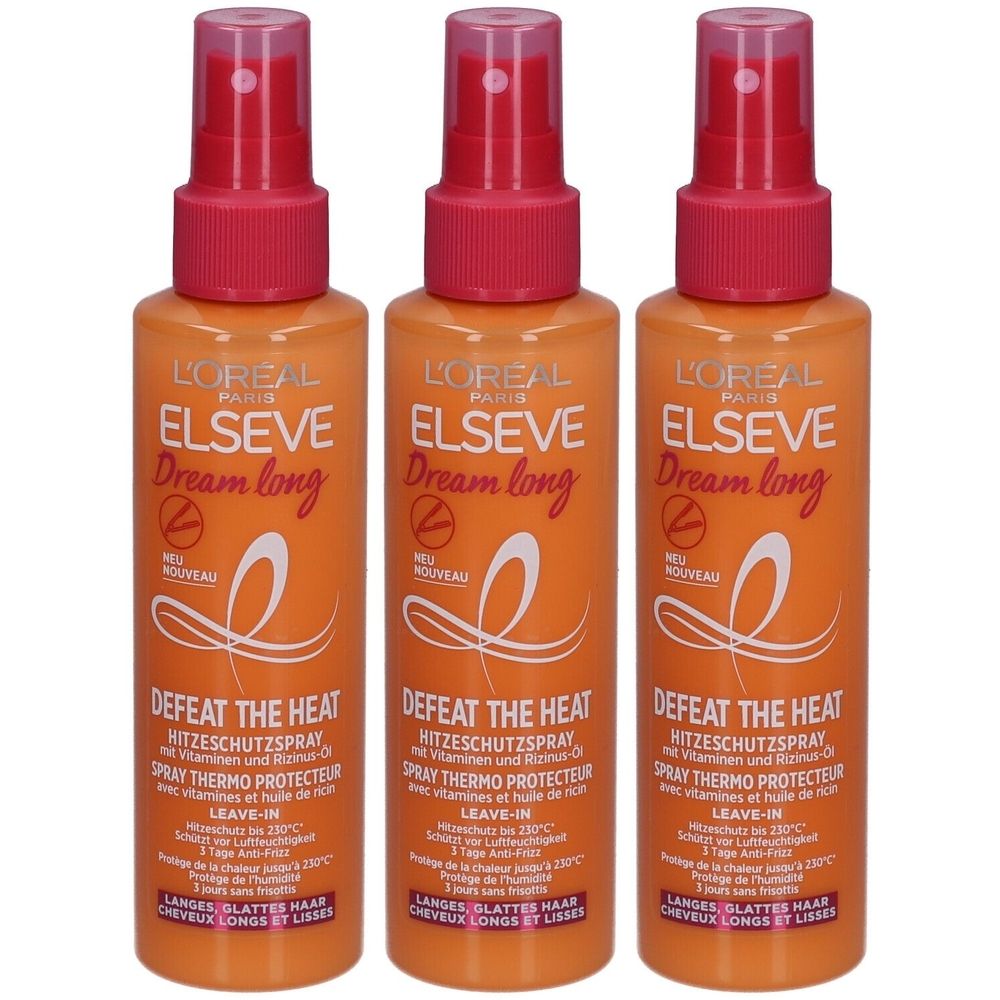 Drei Flaschen L'Oréal Paris Elseve Dream long Hitzeschutzspray. Orangefarbene Flaschen mit rotem Sprühkopf. Text: Defeat the Heat.