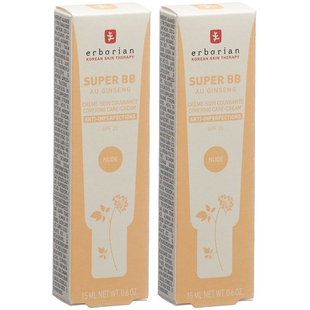 Zwei Schachteln Erborian Super BB Creme mit Ginseng. Aufschrift: Nude, Anti-Unreinheiten, SPF 20. 15 ml.