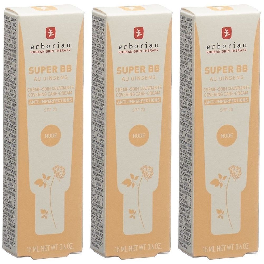 Drei Schachteln Erborian Super BB Creme. Aufschrift: Super BB au Ginseng, Creme-soin couvrante, Anti-imperfections, SPF 20, Nude.