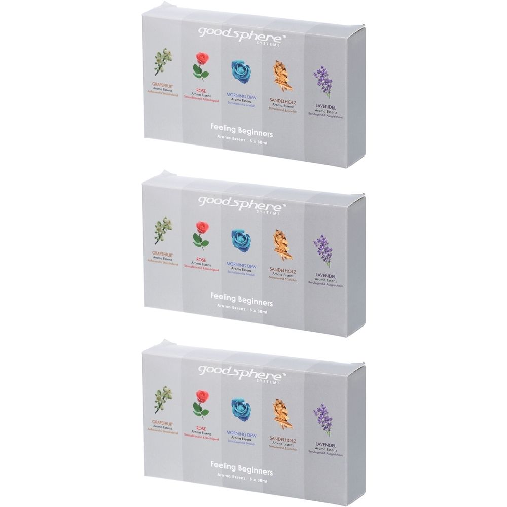 Drei Produktverpackungen. Aufschrift: goodsphere, Feeling Beginners. Fünf ätherische Öle mit Abbildungen von Pflanzen.